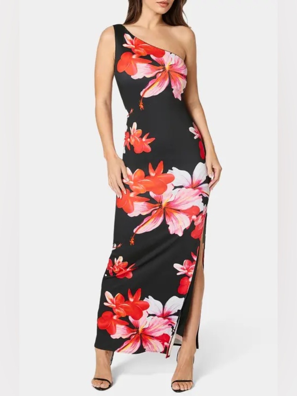 Bebe Black One-Shoulder Floral Maxi Dress with Red & Pink Blooms